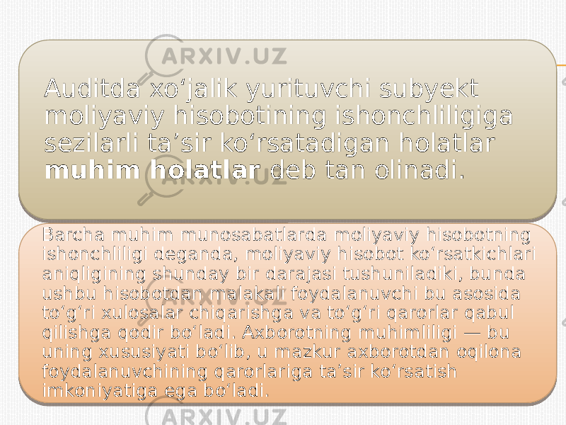 Auditda xo‘jalik yurituvchi subyekt moliyaviy hisobotining ishonchliligiga sezilarli ta’sir ko‘rsatadigan holatlar muhim holatlar deb tan olinadi. Barcha muhim munosabatlarda moliyaviy hisobotning ishonchliligi deganda, moliyaviy hisobot ko‘rsatkichlari aniqligining shunday bir darajasi tushuniladiki, bunda ushbu hisobotdan malakali foydalanuvchi bu asosida to‘g‘ri xulosalar chiqarishga va to‘g‘ri qarorlar qabul qilishga qodir bo‘ladi. Axborotning muhimliligi — bu uning xususiyati bo‘lib, u mazkur axborotdan oqilona foydalanuvchining qarorlariga ta’sir ko‘rsatish imkoniyatiga ega bo‘ladi.01 1927 1E 01 2010290A 3012 18 12 16 21 1D181A 16 2B 18 