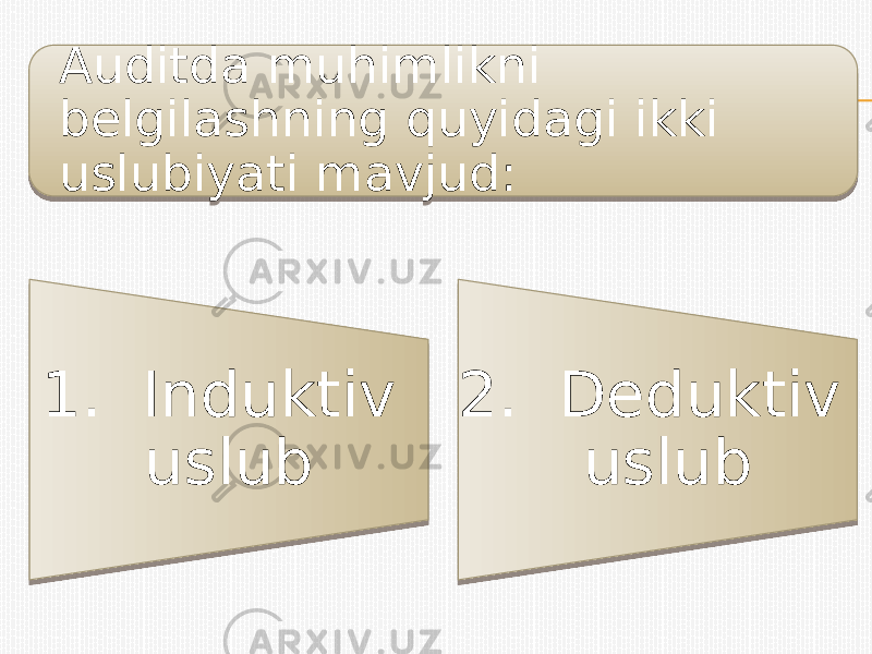 Auditda muhimlikni belgilashning quyidagi ikki uslubiyati mavjud: 1. Induktiv uslub 2. Deduktiv uslub0116 29 16 14 16 1F 0A161E1A1629 