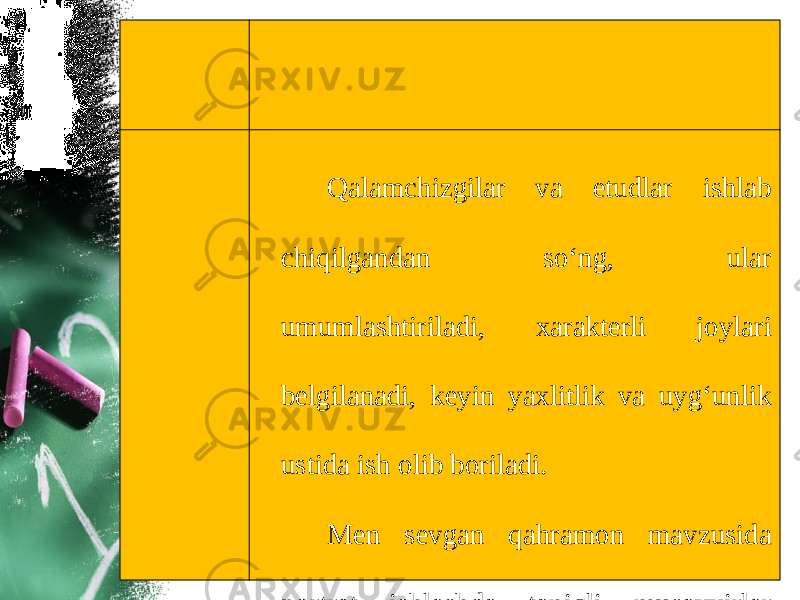 Qalamchizgilar va etudlar ishlab chiqilgandan so‘ng, ular umumlashtiriladi, xarakterli joylari belgilanadi, keyin yaxlitlik va uyg‘unlik ustida ish olib boriladi. Men sevgan qahramon mavzusida portret ishlashda taniqli musavvirlar yaratgan asarlar portretlari yorqin misol bo‘lib xizmat qiladi. 