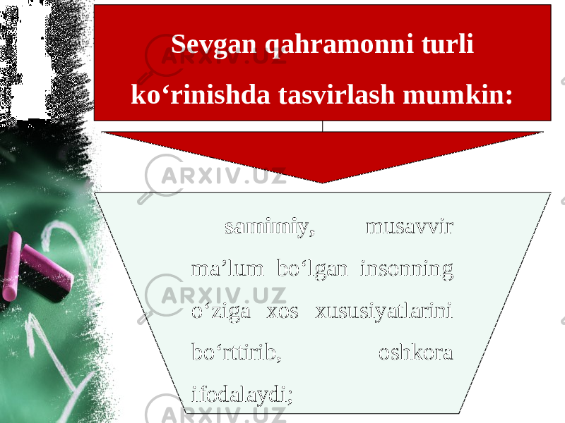 Sevgan qahramonni turli ko‘rinishda tasvirlash mumkin: samimiy, musavvir ma’lum bo‘lgan insonning o‘ziga xos xususiyatlarini bo‘rttirib, oshkora ifodalaydi; 