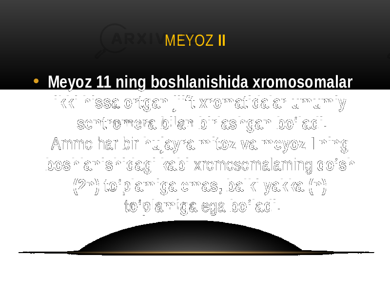 MEYOZ II • Meyoz 11 ning boshlanishida xromosomalar ikki hissa ortgan jiift xromatidalar umumiy sentromera bilan birlashgan bo‘ladi. Ammo har bir hujayra mitoz va meyoz I ning boshlanishidagi kabi xromosomalaming qo‘sh (2n) to‘plamiga emas, balki yakka (n) to‘plamiga ega bo‘ladi. 