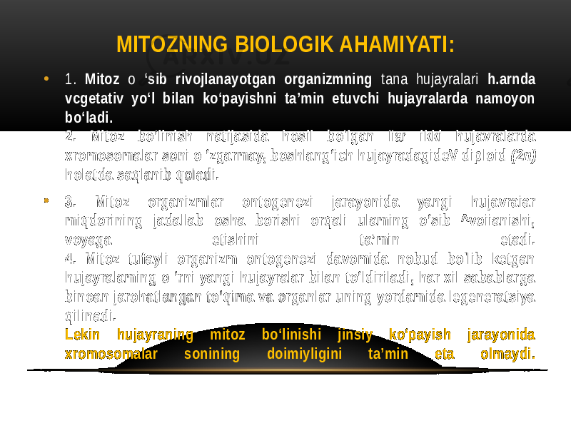 MITOZNING BIOLOGIK AHAMIYATI: • 1. Mitoz о ‘sib rivojlanayotgan organizmning tana hujayralari h.arnda vcgetativ yo‘l bilan ko‘payishni ta’min etuvchi hujayralarda namoyon bo‘ladi. 2. Mitoz bo‘linish natijasida hosil bo&#39;lgan liar ikki hujavralarda xromosomalar soni o ‘zgarmay, boshlang‘ich hujayradagideV diploid (2n) holatda saqlanib qoladi. • 3. Mitoz organizmlar ontogenezi jarayonida yangi hujavraiar miqdorining jadallab osha borishi orqali ulaming o‘sib ^voiianishi, voyaga etishini ta’min etadi. 4. Mitoz tufayli organizm ontogenezi davomida nobud bo&#39;lib ketgan hujayralaming o ‘rni yangi hujayralar bilan to‘ldiriladi, har xil sabablarga binoan jarohatlangan to‘qima va organlar uning yordamida legeneratsiya qilinadi. Lekin hujayraning mitoz bo‘linishi jinsiy ko‘payish jarayonida xromosomalar sonining doimiyligini ta’min eta olmaydi. 