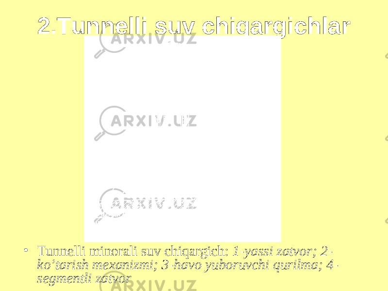 2.Tunnelli suv chiqargichlar • Tunnelli minorali suv chiqargich: 1-yassi zatvor; 2- ko’tarish mexanizmi; 3-havo yuboruvchi qurilma; 4- segmentli zatvor 