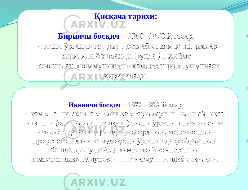 Қисқача тарихи: Биринчи босқич – 1960–1970 йиллар. – тилни ўрганишга доир дастлабки компетенциялар киритила бошланди. Бунда Д. Хаймс томонидан «коммуникатив компетенция»тушунчаси киритилади. Иккинчи босқич – 1970–1990 йиллар – компетенция/компетентлик категорияларини тилни айниқса иккинчи (она тилидан ташқари) тилни ўрганиш назарияси ва амалиётида, бошқаришда, раҳбарликда, менежментда профессионаллик ва мулоқотни ўрганишда фойдаланила бошланди.Бу пайтда «ижтимоий компетенция компетентлик» тушунчасининг мазмуни ишлаб чиқилади.. . 