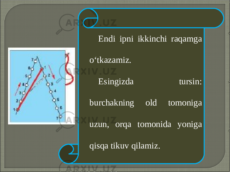 Endi ipni ikkinchi raqamga o‘tkazamiz. Esingizda tursin: burchakning old tomoniga uzun, orqa tomonida yoniga qisqa tikuv qilamiz. 