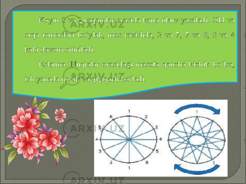 Keyin 6 va 2-raqamlar orasida katta tikuv yasaladi. Old va orqa tomonlari bo‘ylab, mos ravishda, 3 va 7, 7 va 8, 8 va 4 kabi davom ettiriladi. Eslatma. Nuqtalar orasidagi masofa qancha kichik bo‘lsa, ish yanada nozik va qiziqarli bo‘ladi. 