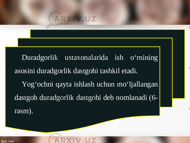 Duradgorlik ustaxonalarida ish о‘ rnining asosini duradgorlik dastgohi tashkil etadi. Yog‘ochni qayta ishlash uchun m о‘ ljallangan dastgoh duradgorlik dastgohi deb nomlanadi (6- rasm). 