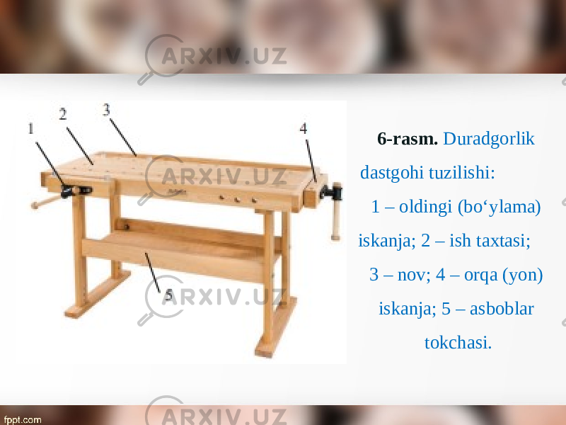 6-rasm. Duradgorlik dastgohi tuzilishi: 1 – oldingi (b о‘ ylama) iskanja; 2 – ish taxtasi; 3 – nov; 4 – orqa (yon) iskanja; 5 – asboblar tokchasi. 