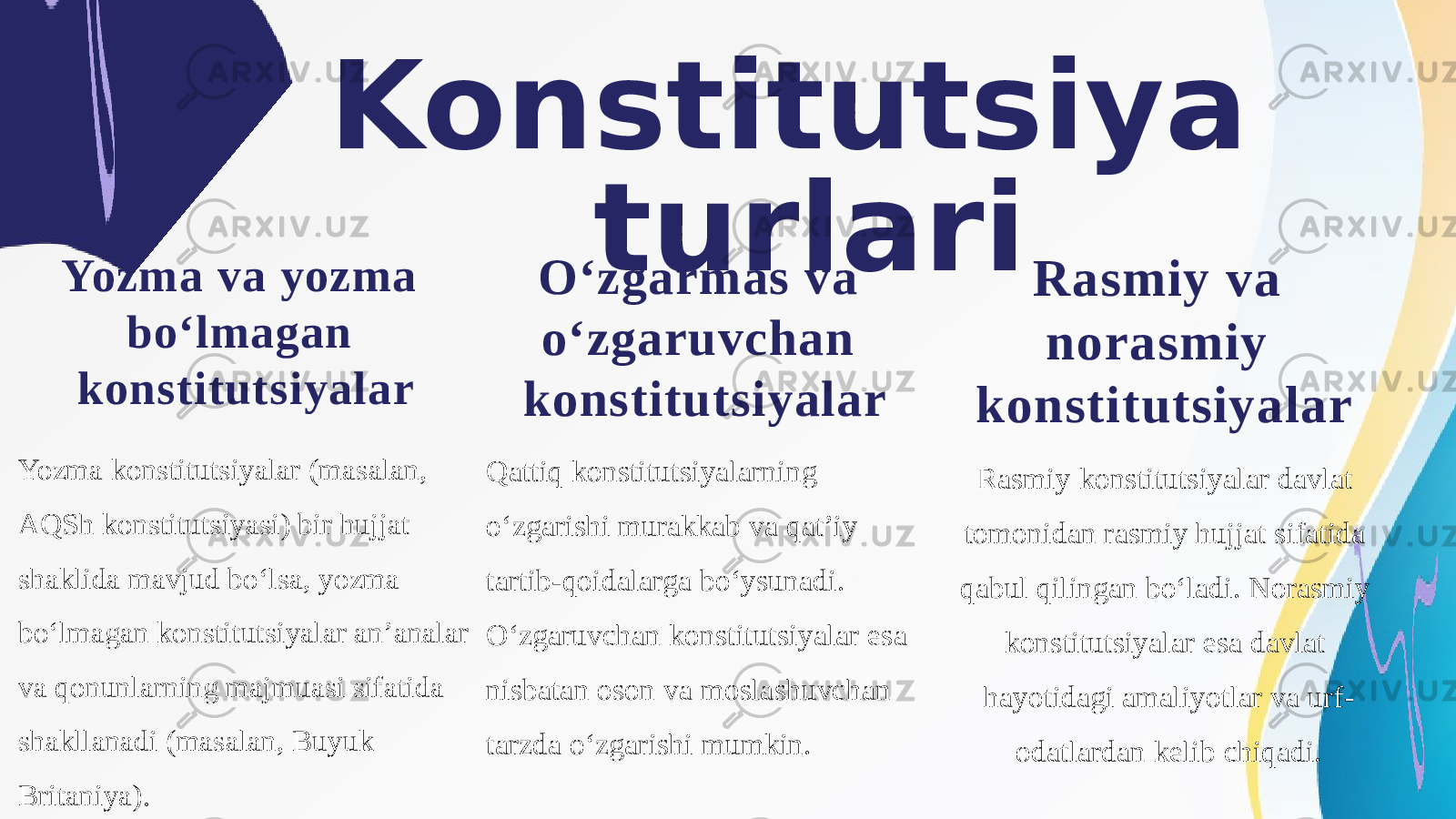 Konstitutsiya turlari Yozma va yozma bo‘lmagan konstitutsiyalar Yozma konstitutsiyalar (masalan, AQSh konstitutsiyasi) bir hujjat shaklida mavjud bo‘lsa, yozma bo‘lmagan konstitutsiyalar an’analar va qonunlarning majmuasi sifatida shakllanadi (masalan, Buyuk Britaniya). O‘zgarmas va o‘zgaruvchan konstitutsiyalar Qattiq konstitutsiyalarning o‘zgarishi murakkab va qat’iy tartib-qoidalarga bo‘ysunadi. O‘zgaruvchan konstitutsiyalar esa nisbatan oson va moslashuvchan tarzda o‘zgarishi mumkin. Rasmiy va norasmiy konstitutsiyalar Rasmiy konstitutsiyalar davlat tomonidan rasmiy hujjat sifatida qabul qilingan bo‘ladi. Norasmiy konstitutsiyalar esa davlat hayotidagi amaliyotlar va urf- odatlardan kelib chiqadi. 