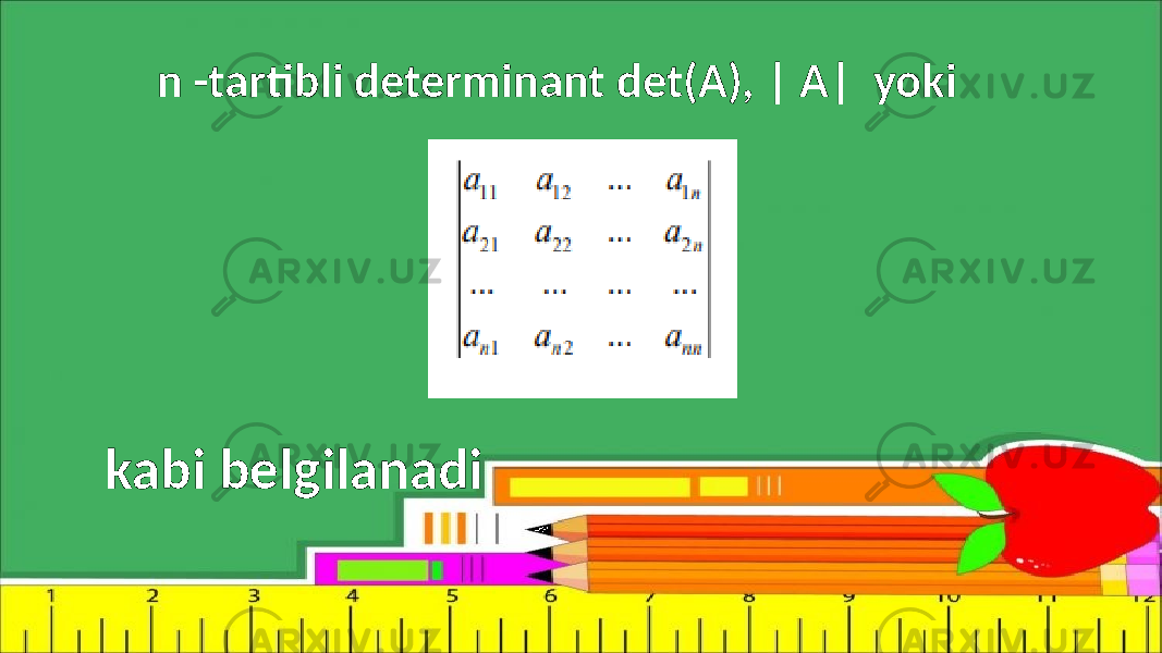 n -tartibli determinant det(A), | A| yoki kabi belgilanadi 