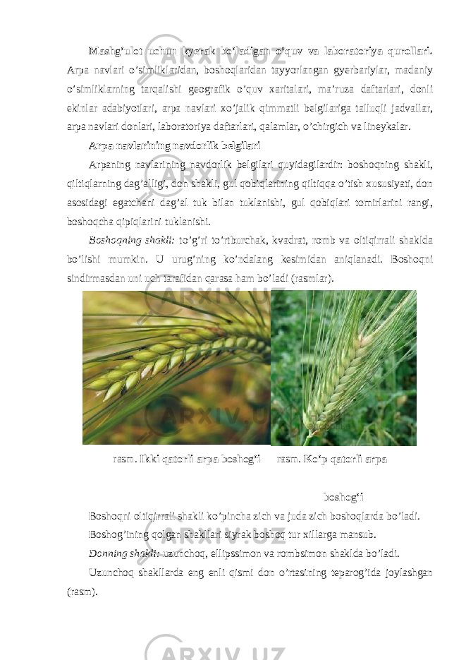 Mashg’ulot uchun kyerak bo’ladigan o’quv va laboratoriya qurollari. Arpa navlari o’simliklaridan, boshoqlaridan tayyorlangan gyerbariylar, madaniy o’simliklarning tarqalishi geografik o’quv xaritalari, ma’ruza daftarlari, donli ekinlar adabiyotlari, arpa navlari xo’jalik qimmatli belgilariga talluqli jadvallar, arpa navlari donlari, laboratoriya daftarlari, qalamlar, o’chirgich va lineykalar. Arpa navlarining navdorlik belgilari Arpaning navlarining navdorlik belgilari quyidagilardir: boshoqning shakli, qiltiqlarning dag’alligi, don shakli, gul qobiqlarining qiltiqqa o’tish xususiyati, don asosidagi egatchani dag’al tuk bilan tuklanishi, gul qobiqlari tomirlarini rangi, boshoqcha qipiqlarini tuklanishi. Boshoqning shakli: to’g’ri to’rtburchak, kvadrat, romb va oltiqirrali shaklda bo’lishi mumkin. U urug’ning ko’ndalang kesimidan aniqlanadi. Boshoqni sindirmasdan uni uch tarafidan qarasa ham bo’ladi (rasmlar). rasm. Ikki qatorli arpa boshog’i rasm. Ko’p qatorli arpa boshog’i Boshoqni oltiqirrali shakli ko’pincha zich va juda zich boshoqlarda bo’ladi. Boshog’ining qolgan shakllari siyrak boshoq tur xillarga mansub. Donning shakli: uzunchoq, ellipssimon va rombsimon shaklda bo’ladi. Uzunchoq shakllarda eng enli qismi don o’rtasining teparog’ida joylashgan (rasm). 