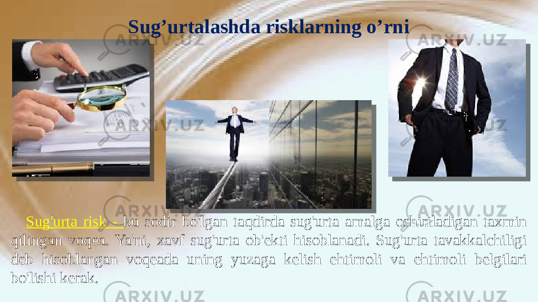 Sug’urtalashda risklarning o’rni Sug&#39;urta risk - bu sodir bo&#39;lgan taqdirda sug&#39;urta amalga oshiriladigan taxmin qilingan voqea. Ya&#39;ni, xavf sug&#39;urta ob&#39;ekti hisoblanadi. Sug&#39;urta tavakkalchiligi deb hisoblangan voqeada uning yuzaga kelish ehtimoli va ehtimoli belgilari bo&#39;lishi kerak. 