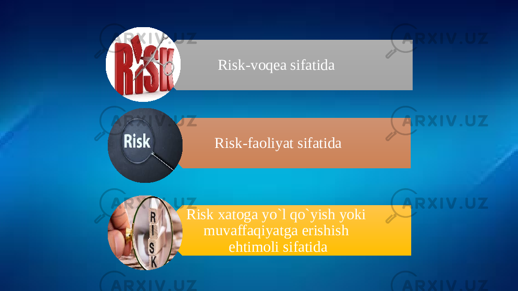 Risk-voqea sifatida Risk-faoliyat sifatida Risk xatoga yo`l qo`yish yoki muvaffaqiyatga erishish ehtimoli sifatida 