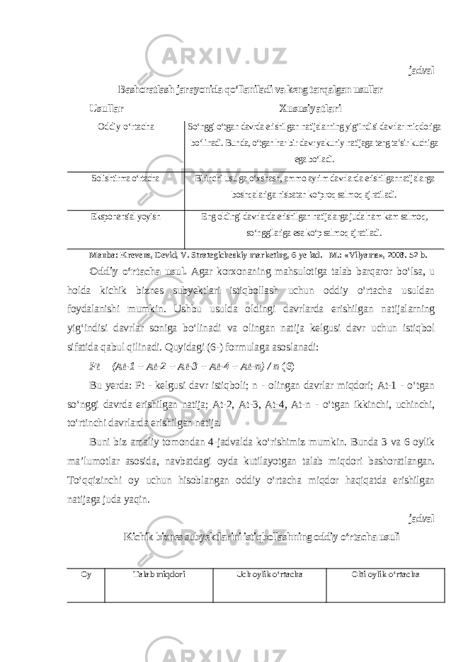 jadval Bashoratlash jarayonida qo‘llaniladi va keng tarqalgan usullar Usullar Xususiyatlari Oddiy o‘rtacha So‘nggi o‘tgan davrda erishilgan natijalarning yig‘indisi davrlar miqdoriga bo‘linadi. Bunda, o‘tgan har bir davr yakuniy natijaga teng ta’sir kuchiga ega bo‘ladi. Solishtirma o‘rtacha Birinchi usulga o‘xshash, ammo ayrim davrlarda erishilgannatijalarga boshqalariga nisbatan ko‘proq salmoq ajratiladi. Eksponensial yoyish Eng oldingi davrlarda erishilgan natijalarga juda ham kam salmoq, so‘nggilariga esa ko‘p salmoq ajratiladi. Manba: Krevens, Devid, V. Strategicheskiy marketing, 6-ye izd. - M.: «Vilyams», 2008. 52 b. Oddiy o‘rtacha usul. Agar korxonaning mahsulotiga talab barqaror bo‘lsa, u holda kichik biznes subyektlari istiqbollash uchun oddiy o‘rtacha usuldan foydalanishi mumkin. Ushbu usulda oldingi davrlarda erishilgan natijalarning yig‘indisi davrlar soniga bo‘linadi va olingan natija kelgusi davr uchun istiqbol sifatida qabul qilinadi. Quyidagi (6-) formulaga asoslanadi: Ft = ( At -1 + At -2 + At -3 + At -4 + At - n ) / n (6) Bu yerda: Ft - kelgusi davr istiqboli; n - olingan davrlar miqdori; At-1 - o‘tgan so‘nggi davrda erishilgan natija; At-2, At-3, At-4, At-n - o‘tgan ikkinchi, uchinchi, to‘rtinchi davrlarda erishilgan natija. Buni biz amaliy tomondan 4-jadvalda ko‘rishimiz mumkin. Bunda 3 va 6 oylik ma’lumotlar asosida, navbatdagi oyda kutilayotgan talab miqdori bashoratlangan. To‘qqizinchi oy uchun hisoblangan oddiy o‘rtacha miqdor haqiqatda erishilgan natijaga juda yaqin . jadval Kichik biznes subyektlarini istiqbollashning oddiy o‘rtacha usuli Oy Talab miqdori Uch oylik o‘rtacha Olti oylik o‘rtacha 