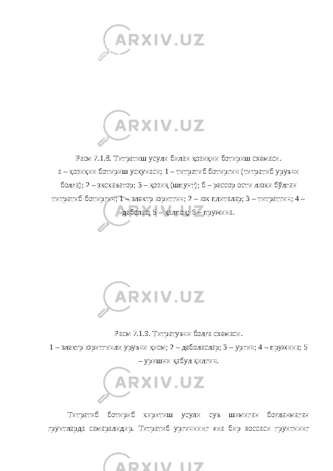 Расм 7.1.8. Титратиш усули билан қозиқни ботириш схемаси. а – қозиқни ботириш ускунаси; 1 – титратиб ботиргич (титратиб урувчи болға); 2 – экскаватор; 3 – қозиқ (шпунт); б – рессор ости люки бўлган титратиб-ботиргич; 1 – электр юритгич; 2 – юк плиталар; 3 – титратгич; 4 – деболас; 5 – қалпоқ; 6 – пружина. Расм 7.1.9. Титратувчи болға схемаси. 1 – электр юритгичли урувчи қисм; 2 – деболаслар; 3 – ургич; 4 – пружина; 5 – уришни қабул қилгич. Титратиб ботириб киритиш усули сув шимиган боғланмаган грунтларда самаралидир. Титратиб ургичнинг яна бир хоссаси грунтнинг 