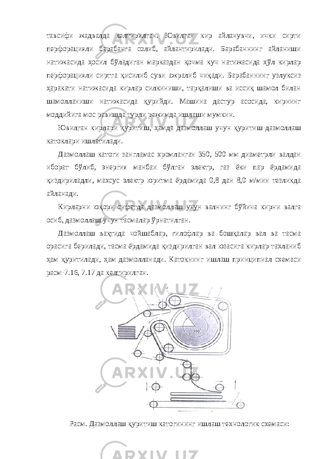 тавсифи жадвалда келтирилган. Ювилган кир айланувчи, ички сирти перфорацияли барабанга солиб, айлантирилади. Барабаннинг айланиши натижасида ҳосил бўладиган марказдан қочма куч натижасида ҳўл кирлар перфорацияли сиртга қисилиб суви ажралиб чиқади. Барабаннинг узлуксиз ҳаракати натижасида кирлар силкиниши, тарқалиши ва иссиқ шамол билан шамолланиши натижасида қурийди. Машина дастур асосида, кирнинг моддийига мос равишда турли режимда ишлаши мумкин. Ювилган кирлари қуритиш, ҳамда дазмоллаш учун қуритиш-дазмоллаш катоклари ишлатилади. Дазмоллаш катоги зангламас хромланган 350, 500 мм диаметрли валдан иборат бўлиб, энергия манбаи бўлган электр, газ ёки пар ёрдамида қиздириладли, махсус электр юритма ёрдамида 0,8 дан 8,0 м/мин тезликда айланади. Кирларни юқори сифатда дазмоллаш учун валнинг бўйича кирни валга осиб, дазмоллаш учун тасмалар ўрнатилган. Дазмоллаш вақтида чойшаблар, ғилофлар ва бошқалар вал ва тасма орасига берилади, тасма ёрдамида қиздирилган вал юзасига кирлар тахланиб ҳам қуритилади, ҳам дазмолланади. Катокнинг ишлаш принципиал схемаси расм-7.16, 7.17 да келтирилган. Расм. Дазмоллаш қуритиш катогининг ишлаш технологик схемаси: 