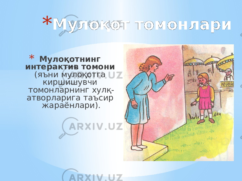 * Мулоқот томонлари * Мулоқотнинг интерактив томони (яъни мулоқотга киршишувчи томонларнинг хулқ- атворларига таъсир жараёнлари). 