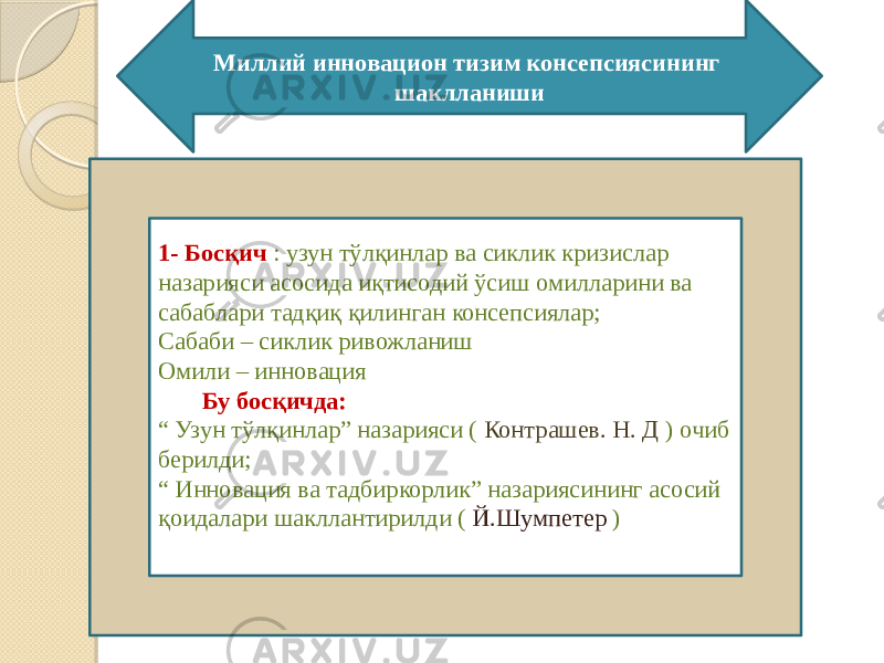 Миллий инновацион тизим консепсиясининг шаклланиши 1- Босқич : узун тўлқинлар ва сиклик кризислар назарияси асосида иқтисодий ўсиш омилларини ва сабаблари тадқиқ қилинган консепсиялар; Сабаби – сиклик ривожланиш Омили – инновация Бу босқичда: “ Узун тўлқинлар” назарияси ( Контрашев. Н. Д ) очиб берилди; “ Инновация ва тадбиркорлик” назариясининг асосий қоидалари шакллантирилди ( Й.Шумпетер ) 