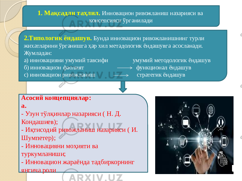 1. Мақсадли таҳлил. Инновацион ривожланиш назарияси ва консепсияси ўрганилади 2.Типологик ёндашув. Бунда инновацион ривожланишнинг турли жихатларини ўрганишга ҳар хил метадологик ёндашувга асосланади. Жумладан: а) инновацияни умумий тавсифи умумий методологик ёндашув б) инновацион фаолият функционал ёндашув с) инновацион ривожланиш стратегик ёндашув Асосий концепциялар: а. - Узун тўлқинлар назарияси ( Н. Д. Кондашиев); - Иқтисодий ривожланиш назарияси ( И. Шумпетер); - Инновацияни моҳияти ва туркумланиши; - Инновацион жараёнда тадбиркорнинг янгича роли 