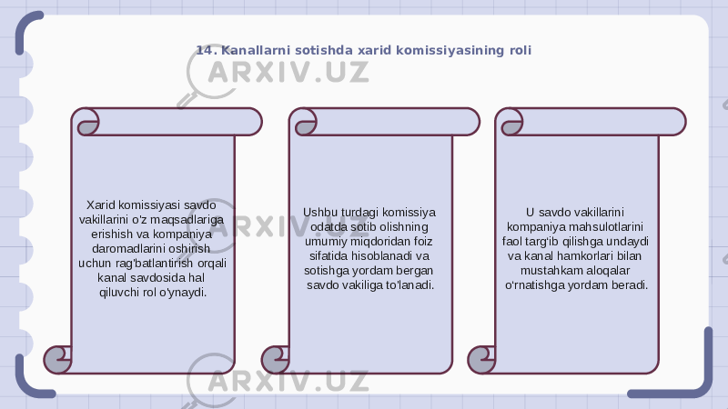 14. Kanallarni sotishda xarid komissiyasining roli Xarid komissiyasi savdo vakillarini o&#39;z maqsadlariga erishish va kompaniya daromadlarini oshirish uchun rag&#39;batlantirish orqali kanal savdosida hal qiluvchi rol o&#39;ynaydi. Ushbu turdagi komissiya odatda sotib olishning umumiy miqdoridan foiz sifatida hisoblanadi va sotishga yordam bergan savdo vakiliga to&#39;lanadi. U savdo vakillarini kompaniya mahsulotlarini faol targ‘ib qilishga undaydi va kanal hamkorlari bilan mustahkam aloqalar o‘rnatishga yordam beradi. 