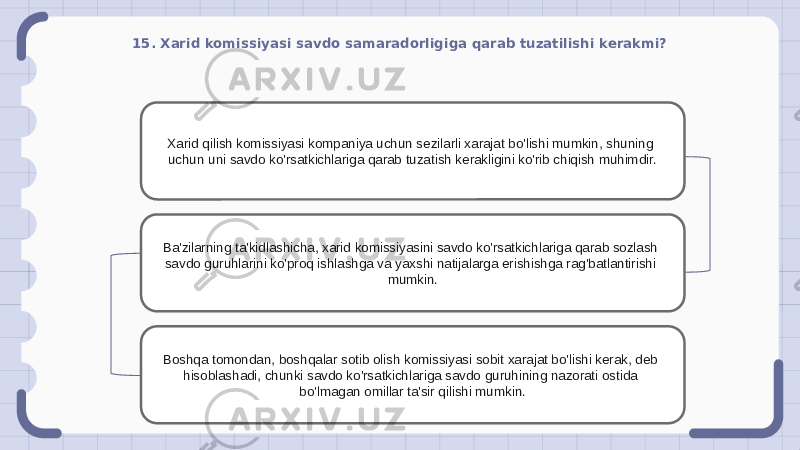 15. Xarid komissiyasi savdo samaradorligiga qarab tuzatilishi kerakmi? Xarid qilish komissiyasi kompaniya uchun sezilarli xarajat bo&#39;lishi mumkin, shuning uchun uni savdo ko&#39;rsatkichlariga qarab tuzatish kerakligini ko&#39;rib chiqish muhimdir. Ba&#39;zilarning ta&#39;kidlashicha, xarid komissiyasini savdo ko&#39;rsatkichlariga qarab sozlash savdo guruhlarini ko&#39;proq ishlashga va yaxshi natijalarga erishishga rag&#39;batlantirishi mumkin. Boshqa tomondan, boshqalar sotib olish komissiyasi sobit xarajat bo&#39;lishi kerak, deb hisoblashadi, chunki savdo ko&#39;rsatkichlariga savdo guruhining nazorati ostida bo&#39;lmagan omillar ta&#39;sir qilishi mumkin. 