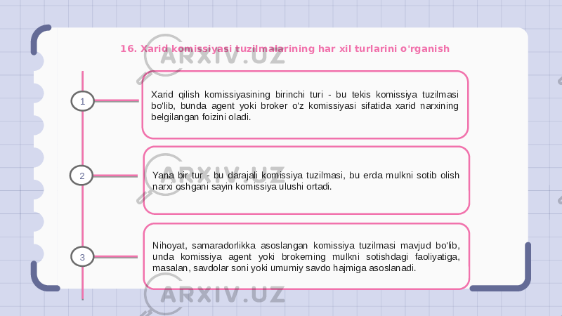 16. Xarid komissiyasi tuzilmalarining har xil turlarini o&#39;rganish Xarid qilish komissiyasining birinchi turi - bu tekis komissiya tuzilmasi bo&#39;lib, bunda agent yoki broker o&#39;z komissiyasi sifatida xarid narxining belgilangan foizini oladi. Yana bir tur - bu darajali komissiya tuzilmasi, bu erda mulkni sotib olish narxi oshgani sayin komissiya ulushi ortadi. Nihoyat, samaradorlikka asoslangan komissiya tuzilmasi mavjud bo&#39;lib, unda komissiya agent yoki brokerning mulkni sotishdagi faoliyatiga, masalan, savdolar soni yoki umumiy savdo hajmiga asoslanadi.1 2 3 