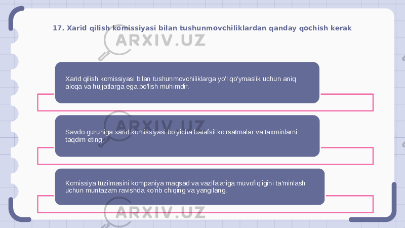 17. Xarid qilish komissiyasi bilan tushunmovchiliklardan qanday qochish kerak Xarid qilish komissiyasi bilan tushunmovchiliklarga yo&#39;l qo&#39;ymaslik uchun aniq aloqa va hujjatlarga ega bo&#39;lish muhimdir. Savdo guruhiga xarid komissiyasi bo&#39;yicha batafsil ko&#39;rsatmalar va taxminlarni taqdim eting. Komissiya tuzilmasini kompaniya maqsad va vazifalariga muvofiqligini ta&#39;minlash uchun muntazam ravishda ko&#39;rib chiqing va yangilang. 