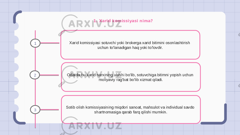 1. Xarid komissiyasi nima? Xarid komissiyasi sotuvchi yoki brokerga xarid bitimini osonlashtirish uchun to&#39;lanadigan haq yoki to&#39;lovdir. Odatda bu xarid narxining ulushi bo&#39;lib, sotuvchiga bitimni yopish uchun moliyaviy rag&#39;bat bo&#39;lib xizmat qiladi. Sotib olish komissiyasining miqdori sanoat, mahsulot va individual savdo shartnomasiga qarab farq qilishi mumkin.1 2 3 