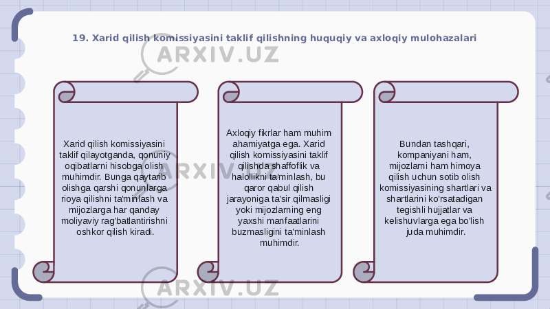 19. Xarid qilish komissiyasini taklif qilishning huquqiy va axloqiy mulohazalari Xarid qilish komissiyasini taklif qilayotganda, qonuniy oqibatlarni hisobga olish muhimdir. Bunga qaytarib olishga qarshi qonunlarga rioya qilishni ta&#39;minlash va mijozlarga har qanday moliyaviy rag&#39;batlantirishni oshkor qilish kiradi. Axloqiy fikrlar ham muhim ahamiyatga ega. Xarid qilish komissiyasini taklif qilishda shaffoflik va halollikni ta&#39;minlash, bu qaror qabul qilish jarayoniga ta&#39;sir qilmasligi yoki mijozlarning eng yaxshi manfaatlarini buzmasligini ta&#39;minlash muhimdir. Bundan tashqari, kompaniyani ham, mijozlarni ham himoya qilish uchun sotib olish komissiyasining shartlari va shartlarini ko&#39;rsatadigan tegishli hujjatlar va kelishuvlarga ega bo&#39;lish juda muhimdir. 