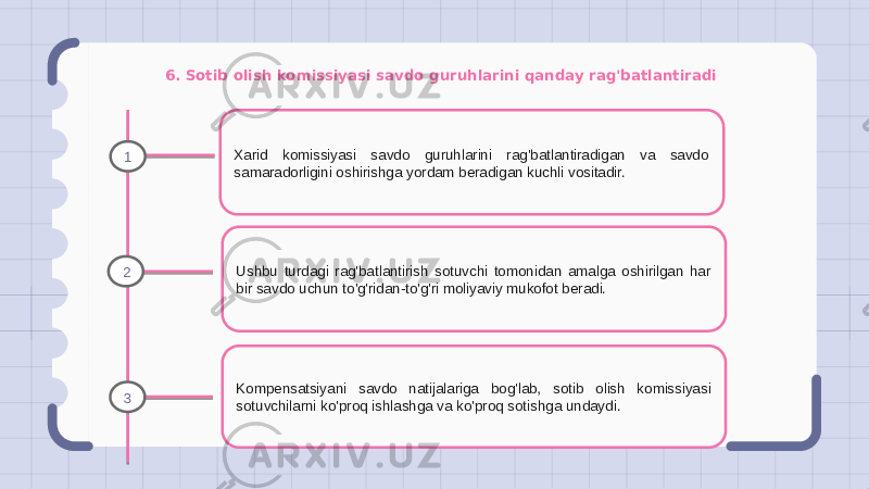 6. Sotib olish komissiyasi savdo guruhlarini qanday rag&#39;batlantiradi Xarid komissiyasi savdo guruhlarini rag&#39;batlantiradigan va savdo samaradorligini oshirishga yordam beradigan kuchli vositadir. Ushbu turdagi rag&#39;batlantirish sotuvchi tomonidan amalga oshirilgan har bir savdo uchun to&#39;g&#39;ridan-to&#39;g&#39;ri moliyaviy mukofot beradi. Kompensatsiyani savdo natijalariga bog&#39;lab, sotib olish komissiyasi sotuvchilarni ko&#39;proq ishlashga va ko&#39;proq sotishga undaydi.1 2 3 