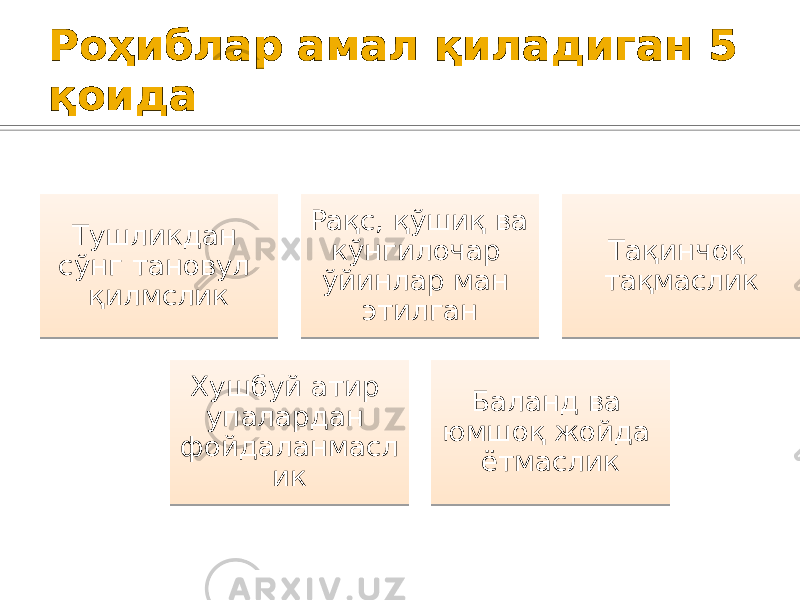Роҳиблар амал қиладиган 5 қоида Тушликдан сўнг тановул қилмслик Рақс, қўшиқ ва кўнгилочар ўйинлар ман этилган Тақинчоқ тақмаслик Хушбуй атир упалардан фойдаланмасл ик Баланд ва юмшоқ жойда ётмаслик 3A 14 1E 42 13411C 4111 4409 3A 09 36 0C26 2C 04 19 48 2309 