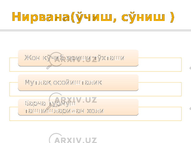 Нирвана(ўчиш, сўниш ) Жон кўчиб юриши тўхташи Мутлақ осойишталик Барча турмуш ташвишларидан холи 2E 30 19 09 