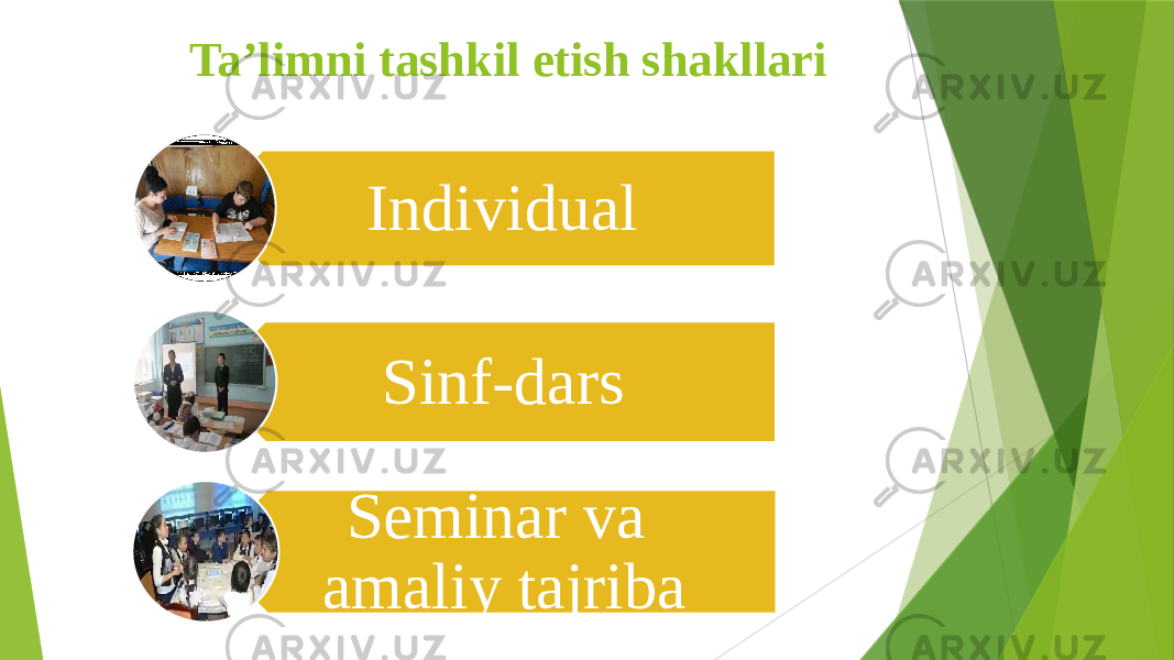 Ta’limni tashkil etish shakllari Individual Sinf-dars Seminar va amaliy tajriba 