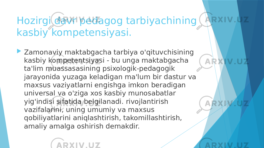 Hozirgi davr pedagog tarbiyachining kasbiy kompetensiyasi.  Zamonaviy maktabgacha tarbiya o&#39;qituvchisining kasbiy kompetentsiyasi - bu unga maktabgacha ta&#39;lim muassasasining psixologik-pedagogik jarayonida yuzaga keladigan ma&#39;lum bir dastur va maxsus vaziyatlarni engishga imkon beradigan universal va o&#39;ziga xos kasbiy munosabatlar yig&#39;indisi sifatida belgilanadi. rivojlantirish vazifalarini, uning umumiy va maxsus qobiliyatlarini aniqlashtirish, takomillashtirish, amaliy amalga oshirish demakdir. 