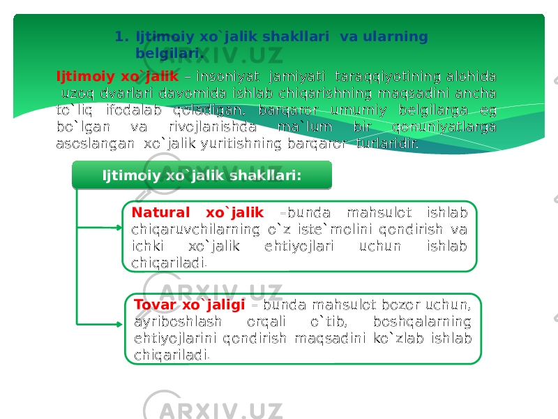 1. Ijtimoiy xo`jalik shakllari va ularning belgilari. Ijtimoiy xo`jalik – insoniyat jamiyati taraqqiyotining alohida uzoq dvarlari davomida ishlab chiqarishning maqsadini ancha to`liq ifodalab qoladigan, barqaror umumiy belgilarga eg bo`lgan va rivojlanishda ma`lum bir qonuniyatlarga asoslangan xo`jalik yuritishning barqaror turlaridir. Ijtimoiy xo`jalik shakllari: Natural xo`jalik –bunda mahsulot ishlab chiqaruvchilarning o`z iste`molini qondirish va ichki xo`jalik ehtiyojlari uchun ishlab chiqariladi. Tovar xo`jaligi – bunda mahsulot bozor uchun, ayriboshlash orqali o`tib, boshqalarning ehtiyojlarini qondirish maqsadini ko`zlab ishlab chiqariladi. 0304 