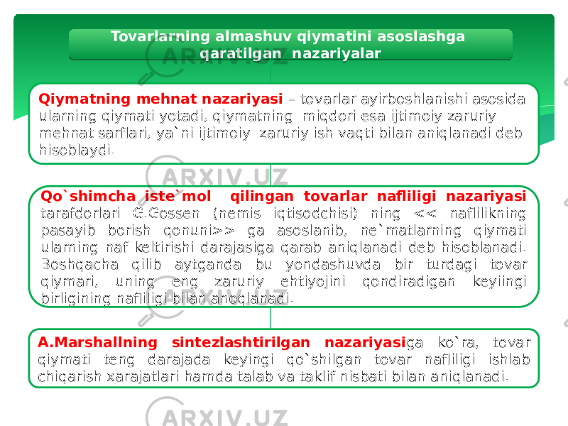 Qiymatning mehnat nazariyasi – tovarlar ayirboshlanishi asosida ularning qiymati yotadi, qiymatning miqdori esa ijtimoiy zaruriy mehnat sarflari, ya`ni ijtimoiy zaruriy ish vaqti bilan aniqlanadi deb hisoblaydi. Qo`shimcha iste`mol qilingan tovarlar nafliligi nazariyasi tarafdorlari G.Gossen (nemis iqtisodchisi) ning << naflilikning pasayib borish qonuni>> ga asoslanib, ne`matlarning qiymati ularning naf keltirishi darajasiga qarab aniqlanadi deb hisoblanadi. Boshqacha qilib aytganda bu yondashuvda bir turdagi tovar qiymari, uning eng zaruriy ehtiyojini qondiradigan keyiingi birligining nafliligi bilan anoqlanadi. A.Marshallning sintezlashtirilgan nazariyasi ga ko`ra, tovar qiymati teng darajada keyingi qo`shilgan tovar nafliligi ishlab chiqarish xarajatlari hamda talab va taklif nisbati bilan aniqlanadi. Tovarlarning almashuv qiymatini asoslashga qaratilgan nazariyalar 1B 1C 