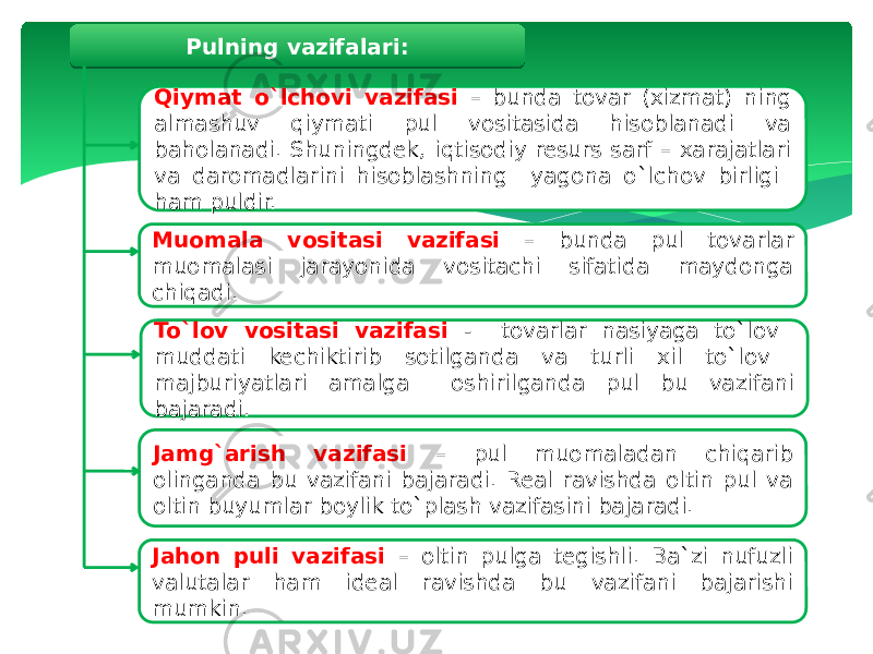 Muomala vositasi vazifasi – bunda pul tovarlar muomalasi jarayonida vositachi sifatida maydonga chiqadi. Jahon puli vazifasi – oltin pulga tegishli. Ba`zi nufuzli valutalar ham ideal ravishda bu vazifani bajarishi mumkin. Qiymat o`lchovi vazifasi – bunda tovar (xizmat) ning almashuv qiymati pul vositasida hisoblanadi va baholanadi. Shuningdek, iqtisodiy resurs sarf – xarajatlari va daromadlarini hisoblashning yagona o`lchov birligi ham puldir. Jamg`arish vazifasi – pul muomaladan chiqarib olinganda bu vazifani bajaradi. Real ravishda oltin pul va oltin buyumlar boylik to`plash vazifasini bajaradi. To`lov vositasi vazifasi - tovarlar nasiyaga to`lov muddati kechiktirib sotilganda va turli xil to`lov majburiyatlari amalga oshirilganda pul bu vazifani bajaradi. Pulning vazifalari: 25140E 