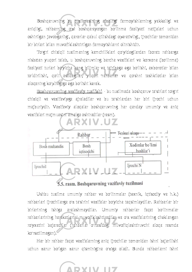 Boshqaruvning bu tuzilmasining afzalligi farmoyishlarning yakkaligi va aniqligi, rahbarning o&#39;zi boshqarayotgan bo&#39;linma faoliyati natijalari uchun oshirilgan javobgarligi, qarorlar qabul qilishdagi operativligi, ijrochilar tomonidan bir birlari bilan muvofiklashtirilgan farmoyishlarni olinishidir. To&#39;g&#39;ri chiziqli tuzilmaning kamchiliklari qo&#39;yidagilardan iborat: rahbarga nisbatan yuqori talab, u boshqaruvning barcha vazifalari va korxona (bo&#39;linma) faoliyati turlari bo&#39;yicha keng bilimlar va tajribaga ega bo&#39;lishi, axborotlar bilan to&#39;ldirilishi, qo&#39;li ostidagilar, yuqori rahbarlar va qo&#39;shni tashkilotlar bilan aloqaning ko&#39;pliligiga ega bo&#39;lishi kerak. Boshqaruvning vazifaviy tuzilishi - bu tuzilmada boshqaruv ta&#39;sirlari to&#39;g&#39;ri chiziqli va vazifaviyga ajraladilar va bu ta&#39;sirlardan har biri ijrochi uchun majburiydir. Vazifaviy aloqalar boshqaruvning har qanday umumiy va aniq vazifalari majmuasini amalga oshiradilar (rasm). Ushbu tuzilma umumiy rahbar va bo&#39;linmalar (texnik, iqtisodiy va h.k.) rahbarlari ijrochilarga o&#39;z ta&#39;sirini vazifalar bo&#39;yicha taqsimlaydilar. Rahbarlar bir birlarining ishiga aralashmaydilar. Umumiy rahbarlar faqat bo&#39;linmalar rahbarlarining harakatlarini muvofiklashtiradilar va o&#39;z vazifalarining cheklangan ro&#39;yxatini bajaradilar (rahbarlar o&#39;rtasidagi muvofiqlashtiruvchi aloqa rasmda ko&#39;rsatilmagan). Har bir rahbar faqat vazifalarning aniq ijrochilar tomonidan ishni bajarilishi uchun zarur bo&#39;lgan zarur qisminigina o&#39;ziga oladi. Bunda rahbarlarni ishni 