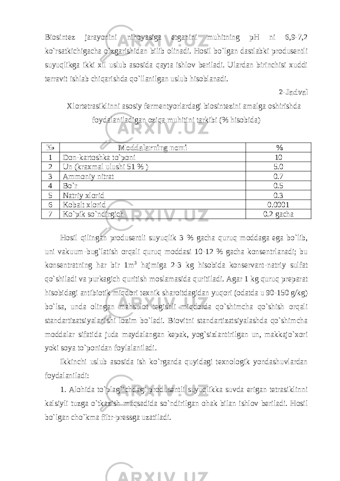 Biosintez jarayonini nihoyasiga etganini muhitning pH ni 6,9-7,2 ko`rsatkichigacha o`zgarishidan bilib olinadi. Hosil bo`lgan dastlabki produsentli suyuqlikga ikki xil uslub asosida qayta ishlov beriladi. Ulardan birinchisi xuddi terravit ishlab chiqarishda qo`llanilgan uslub hisoblanadi. 2-Jadval Xlortetrasiklinni asosiy fermentyorlardagi biosintezini amalga oshirishda foydalaniladigan oziqa muhitini tarkibi (% hisobida) № Moddalarning nomi % 1 Don-kartoshka to`poni 10 2 Un (kraxmal ulushi 51 % ) 5.0 3 Ammoniy nitrat 0.7 4 Bo`r 0.5 5 Natriy xlorid 0.3 6 Kobalt xlorid 0.0001 7 Ko`pik so`ndirgich 0.2 gacha Hosil qilingan produsentli suyuqlik 3 % gacha quruq moddaga ega bo`lib, uni vakuum-bug`latish orqali quruq moddasi 10-12 % gacha konsentrlanadi; bu konsentratning har bir 1m 3 hajmiga 2-3 kg hisobida konservant-natriy sulfat qo`shiladi va purkagich quritish moslamasida quritiladi. Agar 1 kg quruq preparat hisobidagi antibiotik miqdori texnik sharoitdagidan yuqori (odatda u 90-150 g/kg) bo`lsa, unda olingan mahsulot tegishli miqdorda qo`shimcha qo`shish orqali standartizatsiyalanishi lozim bo`ladi. Biovitni standartizatsiyalashda qo`shimcha moddalar sifatida juda maydalangan kepak, yog`sizlantirilgan un, makkajo`xori yoki soya to`ponidan foylalaniladi. Ikkinchi uslub asosida ish ko`rganda quyidagi texnologik yondashuvlardan foydalaniladi: 1. Alohida to`plag`ichdagi produsentli suyuqlikka suvda erigan tetrasiklinni kalsiyli tuzga o`tkazish maqsadida so`ndirilgan ohak bilan ishlov beriladi. Hosil bo`lgan cho`kma filtr-pressga uzatiladi. 