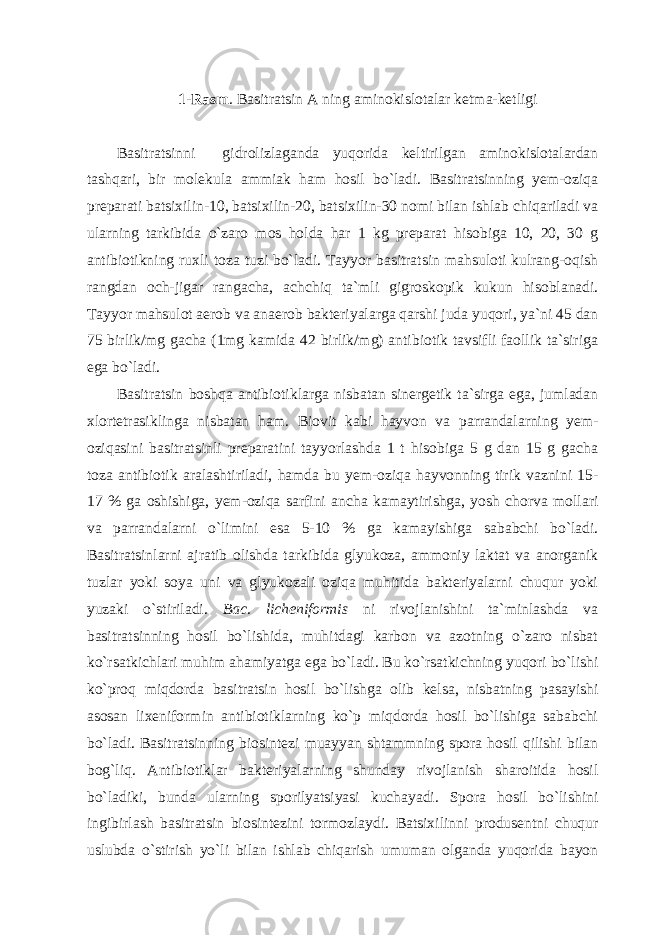 1 -Rasm . Basitratsin A ning aminokislotalar ketma-ketligi Basitratsinni gidrolizlaganda yuqorida keltirilgan aminokislotalardan tashqari, bir molekula ammiak ham hosil bo`ladi. Basitratsinning yem-oziqa preparati batsixilin-10, batsixilin-20, batsixilin-30 nomi bilan ishlab chiqariladi va ularning tarkibida o`zaro mos holda har 1 kg preparat hisobiga 10, 20, 30 g antibiotikning ruxli toza tuzi bo`ladi. Tayyor basitratsin mahsuloti kulrang-oqish rangdan och-jigar rangacha, achchiq ta`mli gigroskopik kukun hisoblanadi. Tayyor mahsulot aerob va anaerob bakteriyalarga qarshi juda yuqori, ya`ni 45 dan 75 birlik/mg gacha (1mg kamida 42 birlik/mg) antibiotik tavsifli faollik ta`siriga ega bo`ladi. Basitratsin boshqa antibiotiklarga nisbatan sinergetik ta`sirga ega, jumladan xlortetrasiklinga nisbatan ham. Biovit kabi hayvon va parrandalarning yem- oziqasini basitratsinli preparatini tayyorlashda 1 t hisobiga 5 g dan 15 g gacha toza antibiotik aralashtiriladi, hamda bu yem-oziqa hayvonning tirik vaznini 15- 17 % ga oshishiga, yem-oziqa sarfini ancha kamaytirishga, yosh chorva mollari va parrandalarni o`limini esa 5-10 % ga kamayishiga sababchi bo`ladi. Basitratsinlarni ajratib olishda tarkibida glyukoza, ammoniy laktat va anorganik tuzlar yoki soya uni va glyukozali oziqa muhitida bakteriyalarni chuqur yoki yuzaki o`stiriladi. Bac. licheniformis ni rivojlanishini ta`minlashda va basitratsinning hosil bo`lishida, muhitdagi karbon va azotning o`zaro nisbat ko`rsatkichlari muhim ahamiyatga ega bo`ladi. Bu ko`rsatkichning yuqori bo`lishi ko`proq miqdorda basitratsin hosil bo`lishga olib kelsa, nisbatning pasayishi asosan lixeniformin antibiotiklarning ko`p miqdorda hosil bo`lishiga sababchi bo`ladi. Basitratsinning biosintezi muayyan shtammning spora hosil qilishi bilan bog`liq. Antibiotiklar bakteriyalarning shunday rivojlanish sharoitida hosil bo`ladiki, bunda ularning sporilyatsiyasi kuchayadi. Spora hosil bo`lishini ingibirlash basitratsin biosintezini tormozlaydi. Batsixilinni produsentni chuqur uslubda o`stirish yo`li bilan ishlab chiqarish umuman olganda yuqorida bayon 