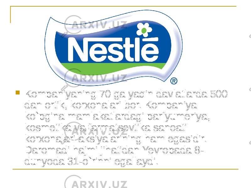  Kompaniyaning 70 ga yaqin davlatlarda 500 dan ortik, korxonalari bor. Kompaniya ko`pgina mamlakatlardagi parfyumeriya, kosmetika va farmatsevtika sanoati korxonalari aksiyalarining ham egasidir. Daromadi hajmi jihatidan Yevropada 8- dunyoda 31-o`rinni egallaydi. 