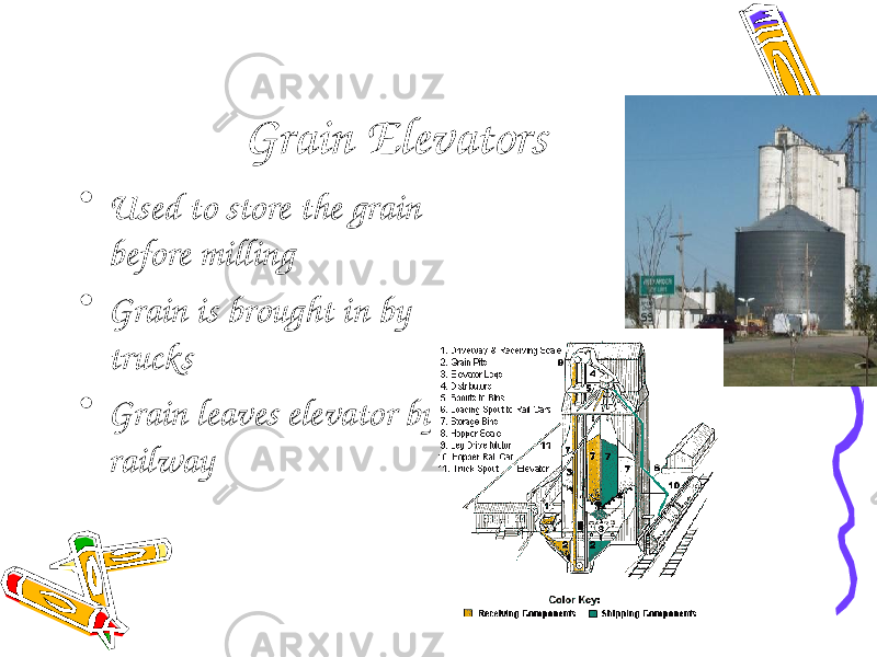 Grain Elevators • Used to store the grain before milling • Grain is brought in by trucks • Grain leaves elevator by railway 