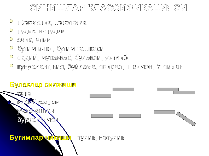 СИНИШЛАР КЛАССИФИКАЦИЯСИ  травматик, патологик  тулик, нотулик  очик, епик  бугим ички, бугим ташкари  оддий, мураккаб, булакли, узилиб  кундаланг, кия, буйлама, спирал, Т-симон, У-симон Булаклар силжиши енга кириб колган узоклашган бурчаксимон Бугимлар чикиши - тулик, нотулик 