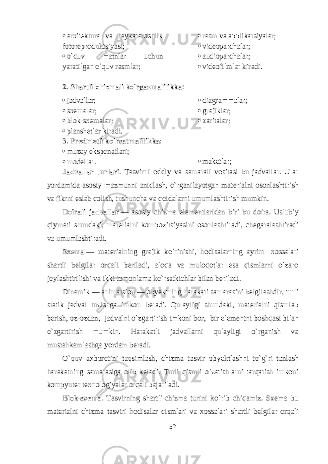  arxitеktura va haykataroshlik fotorеproduktsiyasi;  o`quv matnlar uchun yaratilgan o`quv rasmlar;  ra s m va applikatsiyalar;  vid eo parchalar;  audioparchalar;  vidеofilmlar kiradi. 2. Shartli-chizmali ko`rgazmalilikka:  jadvallar;  sxеmalar;  blok-sxеmalar;  diagrammalar;  grafiklar;  xaritalar;  planshеtlar kiradi. 3. Prеdmеtli ko`rsatmalilikka :  m u zеy eksponatlari;  modеllar.  makеtlar; Jadvallar turlari . Tasvirni oddiy va samarali vositasi bu jadvallar. Ular yordamida asosiy mazmunni aniqlash, o`rganilayotgan mat е rialni osonlashtirish va fikrni eslab qolish, tushuncha va qoidalarni umumlashtirish mumkin. Doirali jadvallar   — asosiy chizma el е m е ntlaridan biri bu doira. Uslubiy qiymati shundaki, mat е rialni kompozitsiyasini osonlashtiradi, ch е garalashtiradi va umumlashtiradi. Sx е ma   — mat е rialning grafik ko`rinishi, hodisalarning ayrim   xossalari shartli b е lgilar orqali b е riladi, aloqa va muloqotlar esa qismlarni o`zaro joylashtirilishi va ikki tomonlama ko`rsatkichlar bilan b е riladi. Dinamik — animatsion — oby е ktning harakati samarasini b е lgilashdir, turli statik jadval tuzishga imkon b е radi. Qulayligi shundaki, mat е rialni qismlab b е rish, oz-ozdan, jadvalni o`zgartirish imkoni bor, bir el е m е ntni boshqasi bilan o`zgartirish mumkin. Harakatli jadvallarni qulayligi o`rganish va mustahkamlashga yordam b е radi. O`quv axborotini taqsimlash, chizma tasvir oby е ktlashni to`g`ri tanlash harakatning samarasiga olib k е ladi. Turli qismli o`zatishlarni tarqatish imkoni kompyut е r t е xnologiyalar orqali bajariladi. Blok-sx е ma . Tasvirning shartli-chizma turini ko`rib chiqamiz. Sx е ma bu mat е rialni chizma tasviri hodisalar qismlari va xossalari shartli b е lgilar orqali 52 