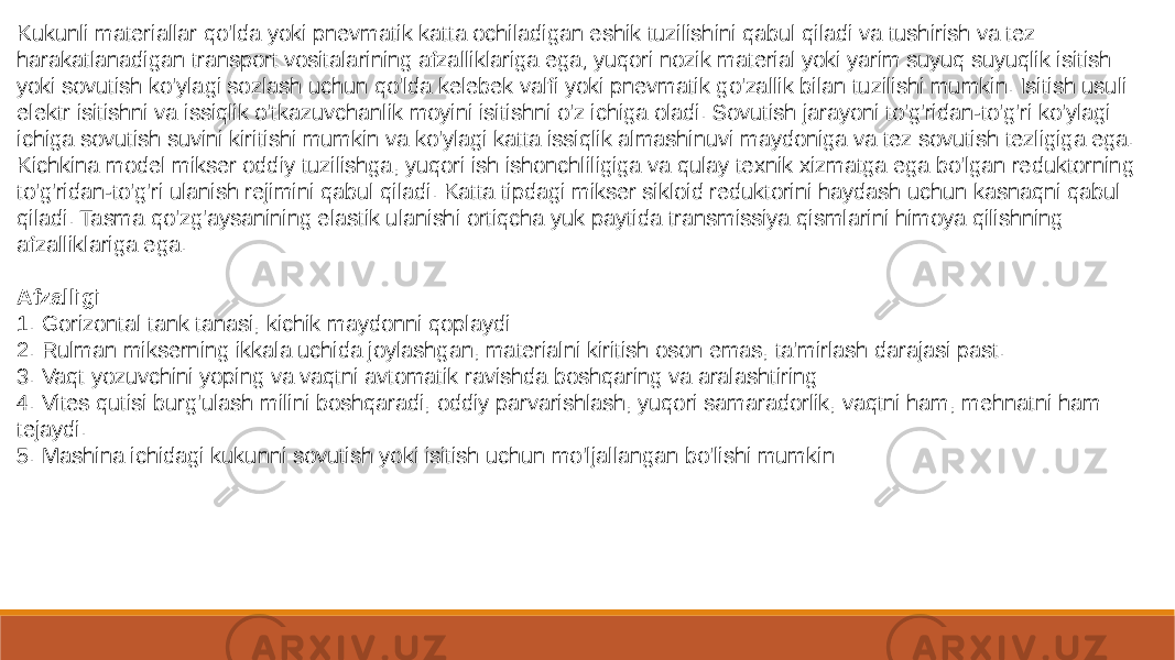 Kukunli materiallar qo&#39;lda yoki pnevmatik katta ochiladigan eshik tuzilishini qabul qiladi va tushirish va tez harakatlanadigan transport vositalarining afzalliklariga ega; yuqori nozik material yoki yarim suyuq suyuqlik isitish yoki sovutish ko&#39;ylagi sozlash uchun qo&#39;lda kelebek valfi yoki pnevmatik go&#39;zallik bilan tuzilishi mumkin. Isitish usuli elektr isitishni va issiqlik o&#39;tkazuvchanlik moyini isitishni o&#39;z ichiga oladi. Sovutish jarayoni to&#39;g&#39;ridan-to&#39;g&#39;ri ko&#39;ylagi ichiga sovutish suvini kiritishi mumkin va ko&#39;ylagi katta issiqlik almashinuvi maydoniga va tez sovutish tezligiga ega. Kichkina model mikser oddiy tuzilishga, yuqori ish ishonchliligiga va qulay texnik xizmatga ega bo&#39;lgan reduktorning to&#39;g&#39;ridan-to&#39;g&#39;ri ulanish rejimini qabul qiladi. Katta tipdagi mikser sikloid reduktorini haydash uchun kasnaqni qabul qiladi. Tasma qo&#39;zg&#39;aysanining elastik ulanishi ortiqcha yuk paytida transmissiya qismlarini himoya qilishning afzalliklariga ega. Afzalligi 1. Gorizontal tank tanasi, kichik maydonni qoplaydi 2. Rulman mikserning ikkala uchida joylashgan, materialni kiritish oson emas, ta&#39;mirlash darajasi past. 3. Vaqt yozuvchini yoping va vaqtni avtomatik ravishda boshqaring va aralashtiring 4. Vites qutisi burg&#39;ulash milini boshqaradi, oddiy parvarishlash, yuqori samaradorlik, vaqtni ham, mehnatni ham tejaydi. 5. Mashina ichidagi kukunni sovutish yoki isitish uchun mo&#39;ljallangan bo&#39;lishi mumkin 