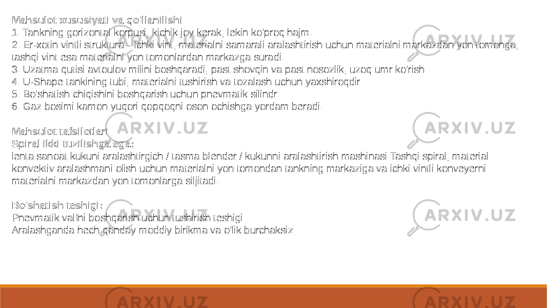 Mahsulot xususiyati va qo&#39;llanilishi 1. Tankning gorizontal korpusi, kichik joy kerak, lekin ko&#39;proq hajm. 2. Er-xotin vintli struktura - Ichki vint, materialni samarali aralashtirish uchun materialni markazdan yon tomonga, tashqi vint esa materialni yon tomonlardan markazga suradi. 3. Uzatma qutisi avtoulov milini boshqaradi, past shovqin va past nosozlik, uzoq umr ko&#39;rish 4. U-Shape tankining tubi, materialni tushirish va tozalash uchun yaxshiroqdir 5. Bo&#39;shatish chiqishini boshqarish uchun pnevmatik silindr.  6. Gaz bosimi kamon yuqori qopqoqni oson ochishga yordam beradi. Mahsulot tafsilotlari Spiral ikki tuzilishga ega: lenta sanoat kukuni aralashtirgich / tasma blender / kukunni aralashtirish mashinasi Tashqi spiral, material konvektiv aralashmani olish uchun materialni yon tomondan tankning markaziga va ichki vintli konveyerni materialni markazdan yon tomonlarga siljitadi. Bo&#39;shatish teshigi: Pnevmatik valfni boshqarish uchun tushirish teshigi Aralashganda hech qanday moddiy birikma va o&#39;lik burchaksiz 