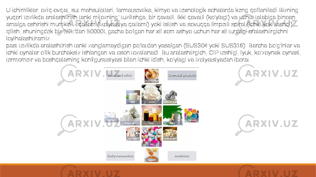 U ichimliklar, oziq-ovqat, sut mahsulotlari, farmatsevtika, kimyo va texnologik sohalarda keng qo&#39;llaniladi.Bizning yuqori tezlikda aralashtirish tanki mijozning&#39; tuzilishga, bir qavatli, ikki qavatli (ko&#39;ylagi) va uchta talabiga binoan amalga oshirishi mumkin. - qatlam (izolyatsiya qatlami) yoki isitish va sovuqqa limpetli spiral (ichki yoki tashqi) qilish, shuningdek biz 50L dan 50000L gacha bo&#39;lgan har xil xom ashyo uchun har xil turdagi aralashtirgichni loyihalashtiramiz. past tezlikda aralashtirish tanki zanglamaydigan po&#39;latdan yasalgan (SUS304 yoki SUS316). Barcha bo&#39;g&#39;inlar va ichki oynalar o&#39;lik burchaksiz ishlangan va oson tozalanadi. Bu aralashtirgich, CIP teshigi, lyuk, ko&#39;zoynak oynasi, termometr va boshqalarning konfiguratsiyasi bilan ichki idish, ko&#39;ylagi va izolyatsiyadan iborat. 