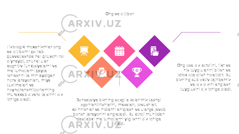 Ong va e&#39;tibor Sensatsiya bizning sezgi a&#39;zolarimiz tashqi ogohlantirishlarni, masalan, tovushlar, ko&#39;rinishlar va hidlarni aniqlash va ularga javob berish jarayonini anglatadi. Bu atrof-muhitdan dastlabki ma&#39;lumotlarni yig&#39;ishni o&#39;z ichiga oladi. Ong esa o&#39;z atrofini, fikr va his-tuyg&#39;ularini bilish va idrok eta olish holatidir. Bu bizning sub&#39;ektiv tajribamiz va o&#39;z-o&#39;zini anglash tuyg&#39;usini o&#39;z ichiga oladi.Fiziologik mexanizmlar ong va e&#39;tiborni qo&#39;llab- quvvatlashda hal qiluvchi rol o&#39;ynaydi, chunki ular kognitiv funktsiyalarni va ma&#39;lumotlarni qayta ishlashni ta&#39;minlaydigan nerv jarayonlari, miya tuzilmalari va neyrotransmitterlarning murakkab o&#39;zaro ta&#39;sirini o&#39;z ichiga oladi. 