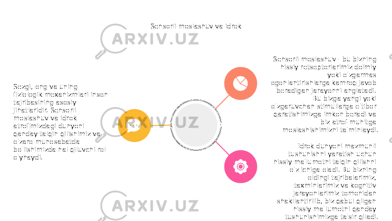 Sensorli moslashuv va idrok Sezgi, ong va uning fiziologik mexanizmlari inson tajribasining asosiy jihatlaridir. Sensorli moslashuv va idrok atrofimizdagi dunyoni qanday talqin qilishimiz va o&#39;zaro munosabatda bo&#39;lishimizda hal qiluvchi rol o&#39;ynaydi. Sensorli moslashuv - bu bizning hissiy retseptorlarimiz doimiy yoki o&#39;zgarmas ogohlantirishlarga kamroq javob beradigan jarayonni anglatadi. Bu bizga yangi yoki o&#39;zgaruvchan stimullarga e&#39;tibor qaratishimizga imkon beradi va biz atrof-muhitga moslashishimizni ta&#39;minlaydi. Idrok dunyoni mazmunli tushunishni yaratish uchun hissiy ma&#39;lumotni talqin qilishni o&#39;z ichiga oladi. Bu bizning oldingi tajribalarimiz, taxminlarimiz va kognitiv jarayonlarimiz tomonidan shakllantirilib, biz qabul qilgan hissiy ma&#39;lumotni qanday tushunishimizga ta&#39;sir qiladi. 