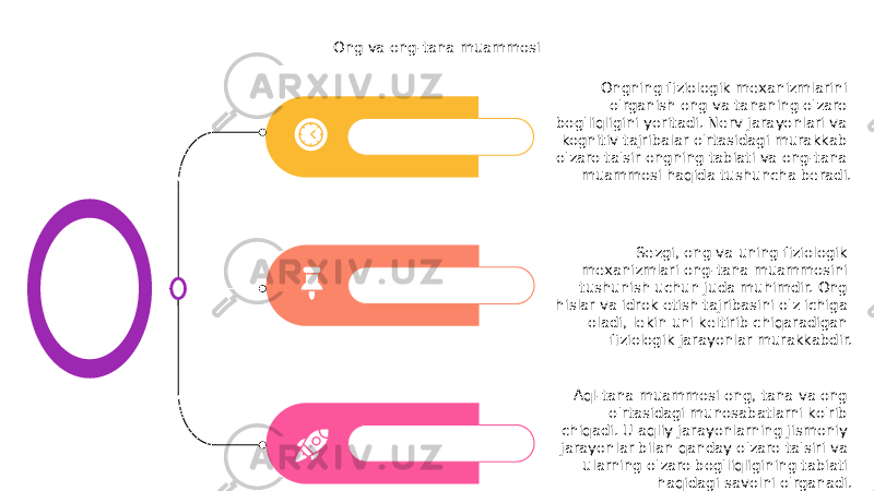 Ong va ong-tana muammosi Sezgi, ong va uning fiziologik mexanizmlari ong-tana muammosini tushunish uchun juda muhimdir. Ong hislar va idrok etish tajribasini o&#39;z ichiga oladi, lekin uni keltirib chiqaradigan fiziologik jarayonlar murakkabdir. Aql-tana muammosi ong, tana va ong o&#39;rtasidagi munosabatlarni ko&#39;rib chiqadi. U aqliy jarayonlarning jismoniy jarayonlar bilan qanday o&#39;zaro ta&#39;siri va ularning o&#39;zaro bog&#39;liqligining tabiati haqidagi savolni o&#39;rganadi.Ongning fiziologik mexanizmlarini o&#39;rganish ong va tananing o&#39;zaro bog&#39;liqligini yoritadi. Nerv jarayonlari va kognitiv tajribalar o&#39;rtasidagi murakkab o&#39;zaro ta&#39;sir ongning tabiati va ong-tana muammosi haqida tushuncha beradi. 